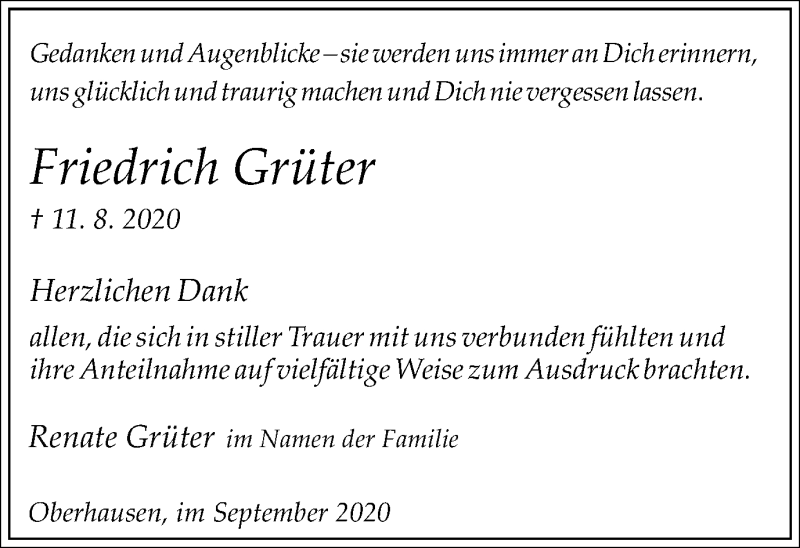  Traueranzeige für Friedrich Grüter vom 30.09.2020 aus WVW Anzeigenblätter