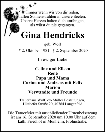Traueranzeige von Gina Hendricks von WVW Anzeigenblätter