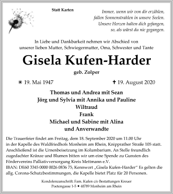 Traueranzeige von Gisela Kufen-Harder von WVW Anzeigenblätter