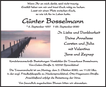 Traueranzeige von Günter Bosselmann von WVW Anzeigenblätter