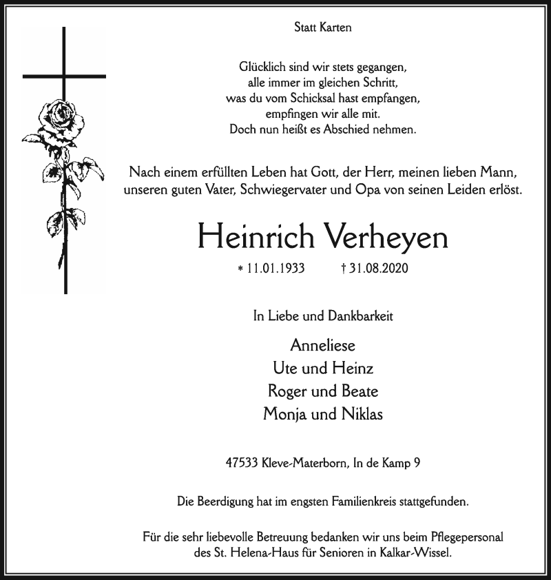  Traueranzeige für Heinrich Verheyen vom 19.09.2020 aus WVW Anzeigenblätter