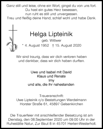 Traueranzeige von Helga Lipteinik von WVW Anzeigenblätter
