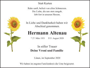 Traueranzeige von Hermann Altenau von WVW Anzeigenblätter