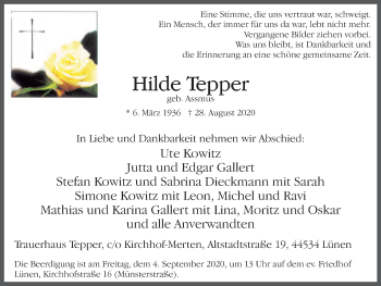 Traueranzeige von Hilde Tepper von WVW Anzeigenblätter