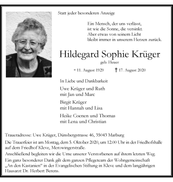 Traueranzeige von Hildegard Sophie Krüger von WVW Anzeigenblätter