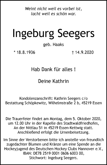 Traueranzeige von Ingeburg Seegers von WVW Anzeigenblätter