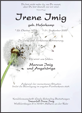 Traueranzeige von Irene Imig von WVW Anzeigenblätter