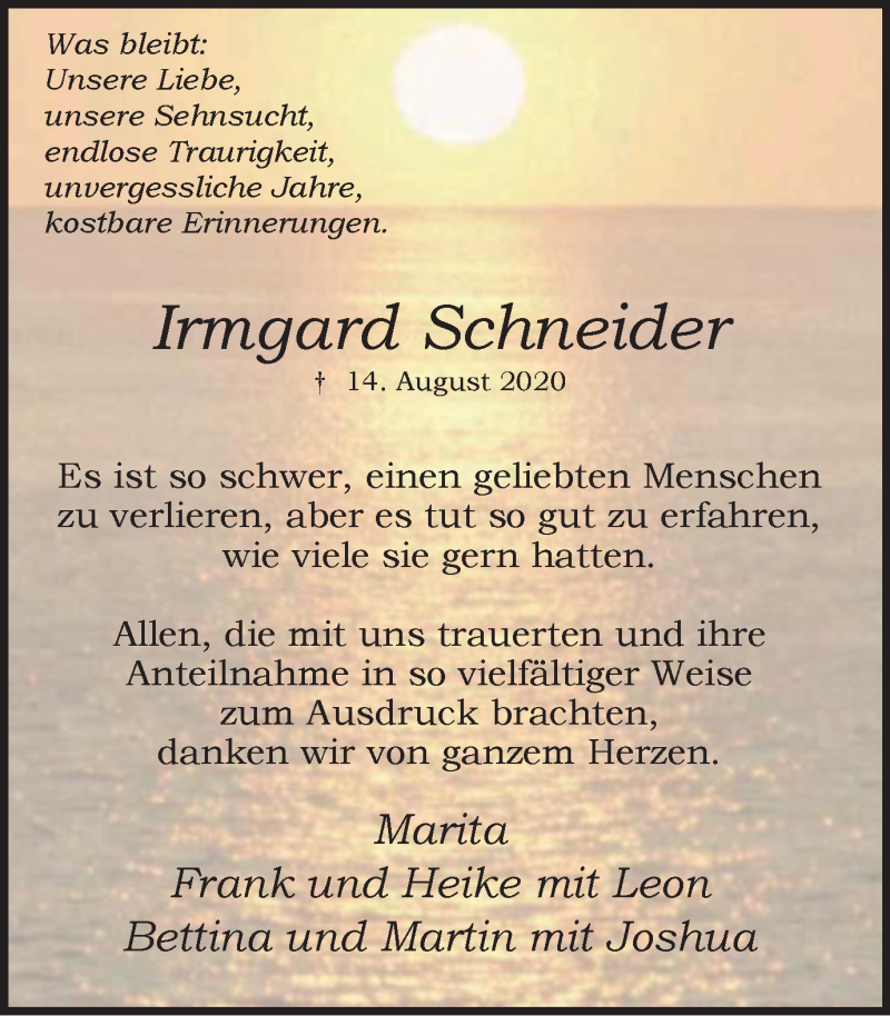 Traueranzeige für Irmgard Schneider vom 12.09.2020 aus WVW Anzeigenblätter