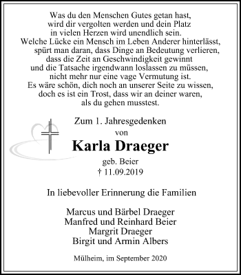 Traueranzeige von Karla Draeger von WVW Anzeigenblätter