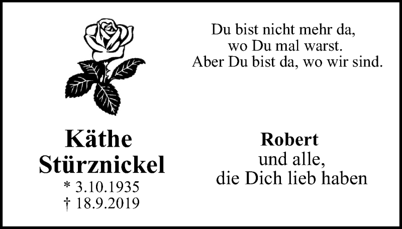  Traueranzeige für Käthe Stürznickel vom 19.09.2020 aus WVW Anzeigenblätter