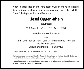 Traueranzeige von Liesel Opgen-Rhein von WVW Anzeigenblätter