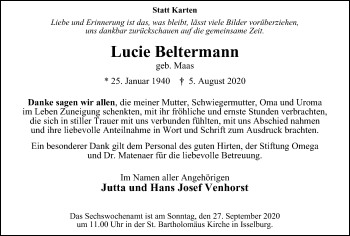 Traueranzeige von Lucie Beltermann von WVW Anzeigenblätter