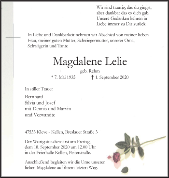 Traueranzeige von Magdalene Lelie von WVW Anzeigenblätter