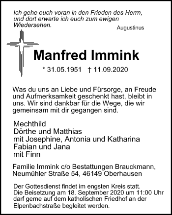 Traueranzeige von Manfred Immink von WVW Anzeigenblätter