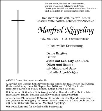 Traueranzeige von Manfred Niggeling von WVW Anzeigenblätter