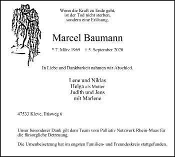 Traueranzeige von Marcel Baumann von WVW Anzeigenblätter