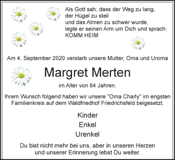 Traueranzeige von Margret Merten von WVW Anzeigenblätter