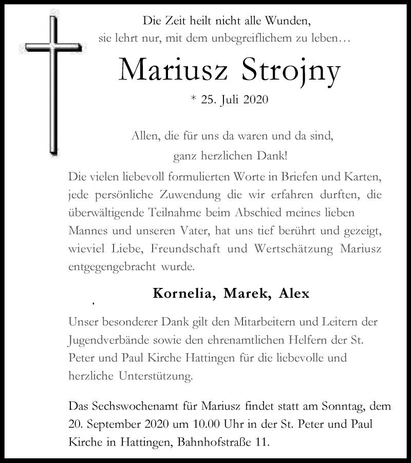  Traueranzeige für Mariusz Strojny vom 12.09.2020 aus WVW Anzeigenblätter