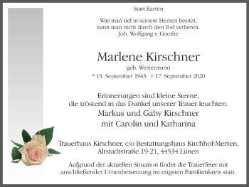 Traueranzeige von Marlene Kirschner von WVW Anzeigenblätter