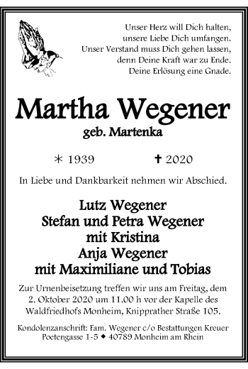 Traueranzeige von Martha Wegener von WVW Anzeigenblätter