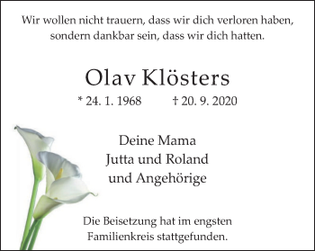 Traueranzeige von Olav Klösters von WVW Anzeigenblätter