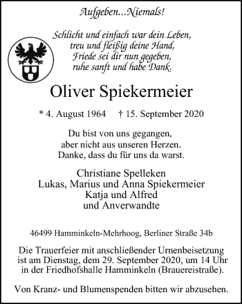 Traueranzeige von Oliver Spiekermeier von WVW Anzeigenblätter