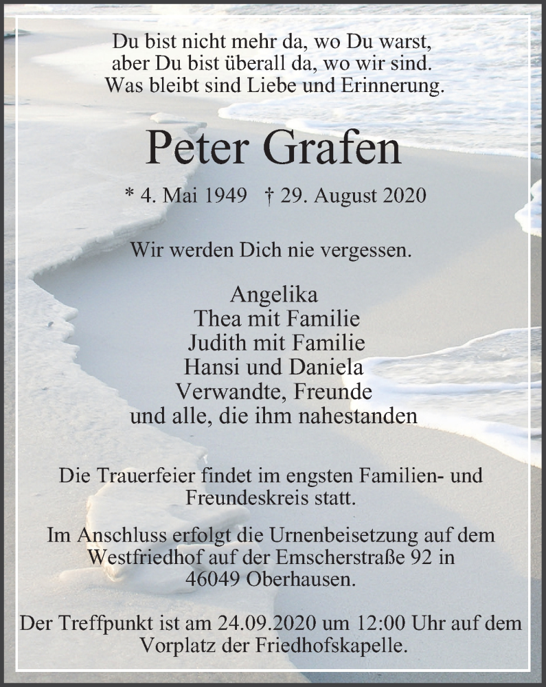  Traueranzeige für Peter Grafen vom 19.09.2020 aus WVW Anzeigenblätter