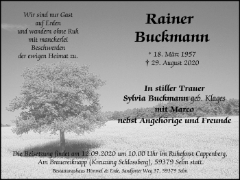 Traueranzeige von Rainer Buckmann von WVW Anzeigenblätter