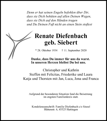 Traueranzeige von Renate Diefenbach von WVW Anzeigenblätter