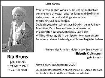 Traueranzeige von Ria Bruns von WVW Anzeigenblätter