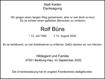 Traueranzeige von Rolf Büns von WVW Anzeigenblätter