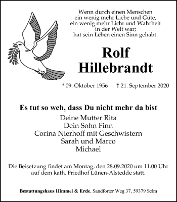 Traueranzeige von Rolf Hillebrandt von WVW Anzeigenblätter