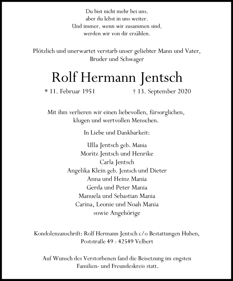  Traueranzeige für Rolf Hermann Jentsch vom 26.09.2020 aus WVW Anzeigenblätter