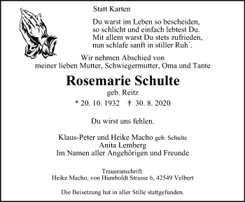 Traueranzeige von Rosemarie Schulte von WVW Anzeigenblätter