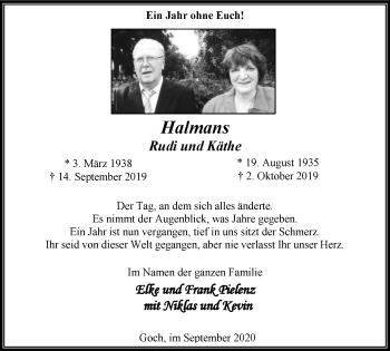 Traueranzeige von Rudi und Käthe Halmans von WVW Anzeigenblätter