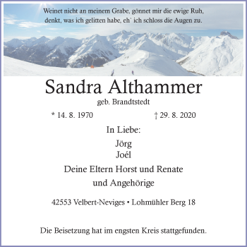 Traueranzeige von Sandra Althammer von WVW Anzeigenblätter