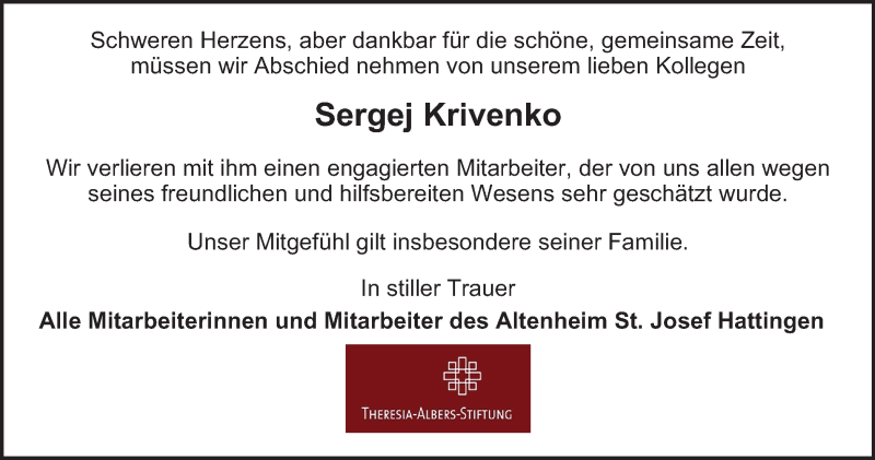  Traueranzeige für Sergej Krivenko vom 09.09.2020 aus WVW Anzeigenblätter