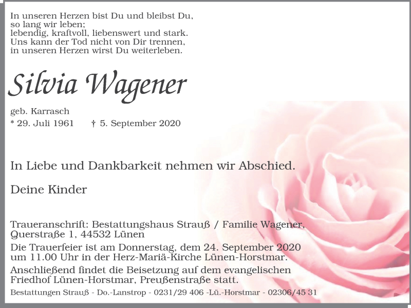  Traueranzeige für Silvia Wagener vom 23.09.2020 aus WVW Anzeigenblätter