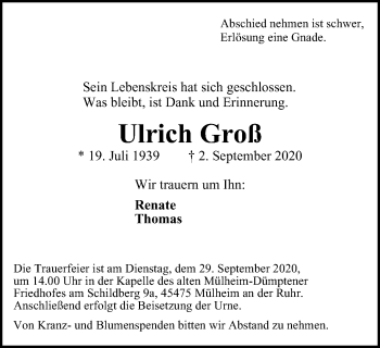 Traueranzeige von Ulrich Groß von WVW Anzeigenblätter