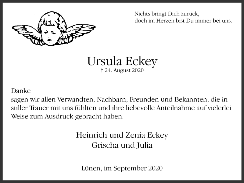  Traueranzeige für Ursula Eckey vom 05.09.2020 aus WVW Anzeigenblätter