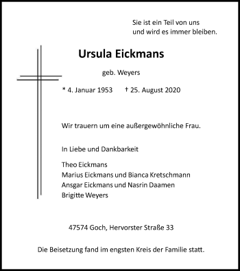 Traueranzeige von Ursula Eickmans von WVW Anzeigenblätter