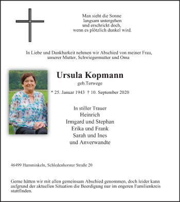 Traueranzeige von Ursula Kopmann von WVW Anzeigenblätter