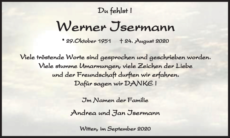  Traueranzeige für Werner Isermann vom 26.09.2020 aus WVW Anzeigenblätter