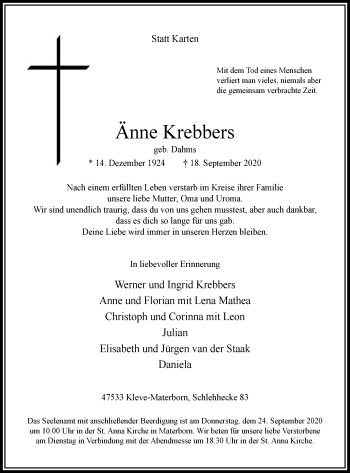 Traueranzeige von Änne Krebbers von WVW Anzeigenblätter