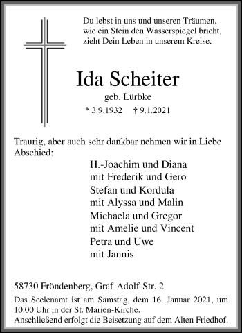 Traueranzeige von Ida Scheiter von WVW Anzeigenblätter