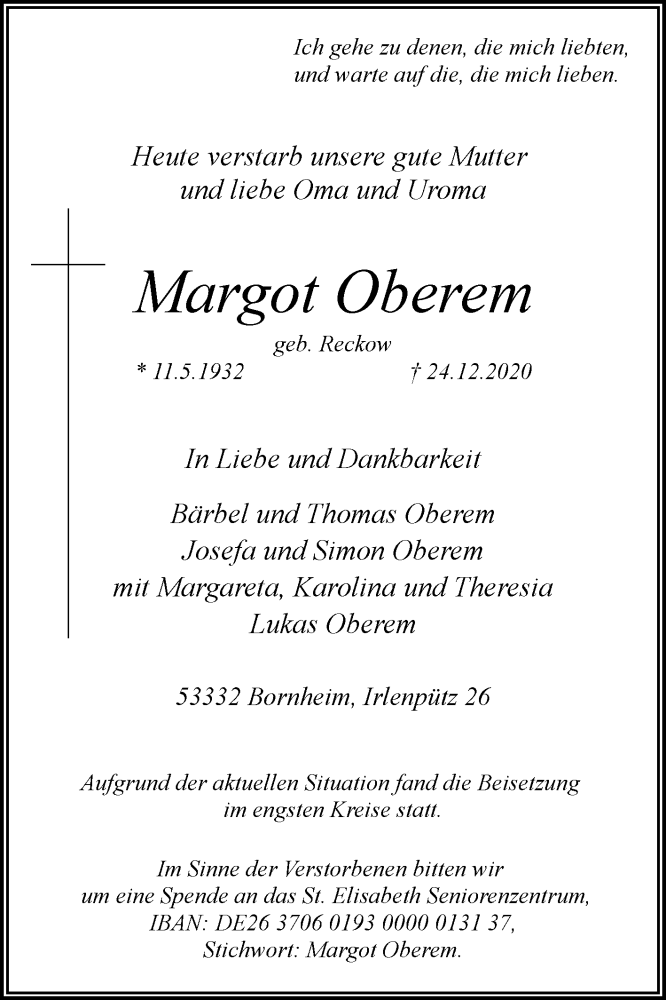  Traueranzeige für Margot Oberem vom 13.01.2021 aus WVW Anzeigenblätter