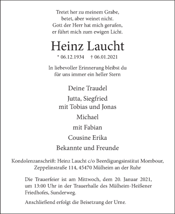 Traueranzeige von Heinz Laucht von WVW Anzeigenblätter