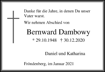 Traueranzeige von Bernward Dambowy von WVW Anzeigenblätter