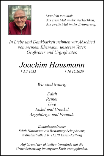 Traueranzeige von Joachim Hausmann von WVW Anzeigenblätter