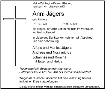Traueranzeige von Anni Jägers von WVW Anzeigenblätter